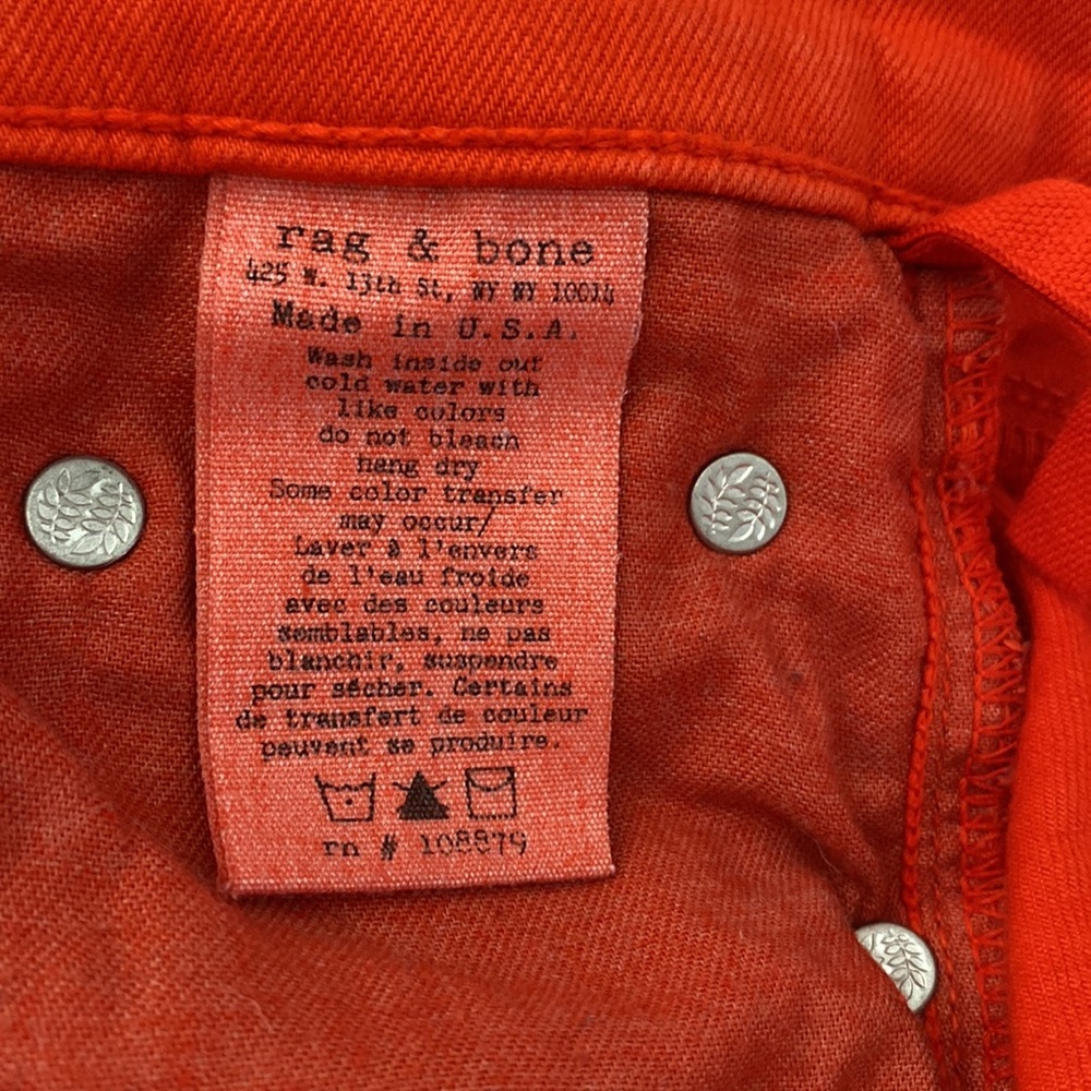 rag & bone skinny jean, 28 - red orange, silver grommet,  made in USA - Picture 9 of 11